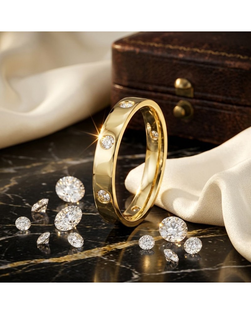 Alliance homme en or sertie de diamants, bracelet doré avec diamants ronds autour, éclats et pierres dispersed sur marbre.