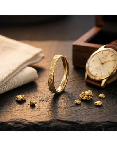 Alliance irrégulière martelée homme en or: bague dorée texturée posée près d’une montre et de petits éclats d’or sur une table.