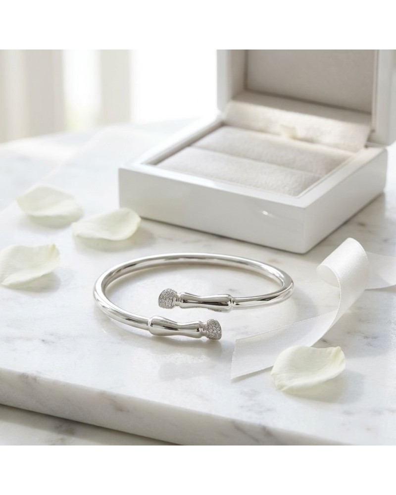Bracelet Galop en argent rhodié, serti de 57 oxydes blancs Equimasters posé près d’une boite jewelry box.