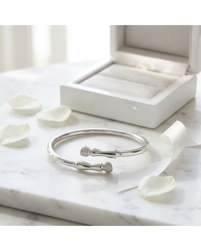 Bracelet Galop en argent rhodié, serti de 57 oxydes blancs Equimasters posé près d’une boite jewelry box.