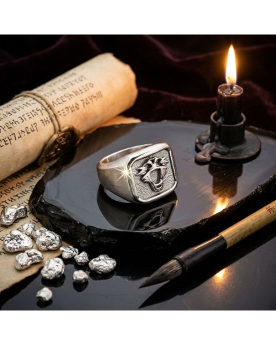 Chevalière SUMATRA en argent massif rhodié 925/1000 posée près d’une plume et d’une bougie, avec parchemin et petits éclats arge