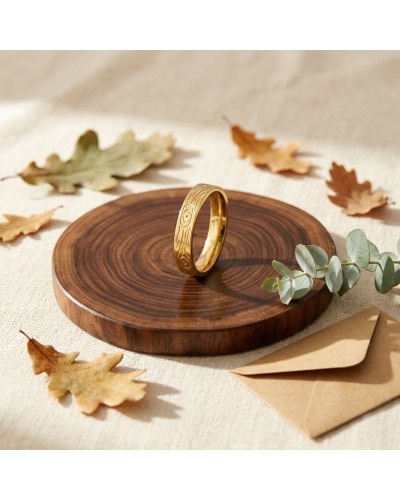 Alliance effet bois homme en or posé sur socle rond en bois, entouré de feuilles et d’une enveloppe kraft.