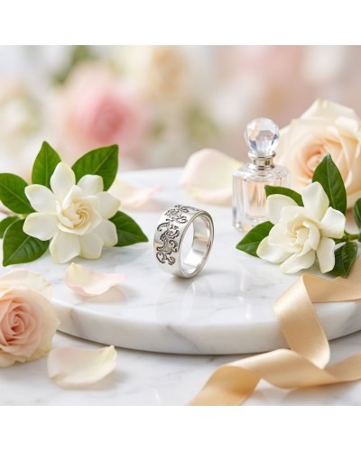 Bague FLORES GRAVEE en gros plan sur un plateau marble, entourée de fleurs blanches et roses, parfumée parfum flacon cristal.