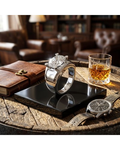 Bague PIKIRAN en bague grise avec diamant brillant posé sur un livre noir, verre de whisky, montre et carnet cuir sur une table