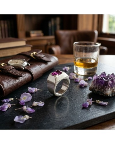 Bague HARAPAN en métal argenté avec gemme rose, posée sur pierre près d’un verre et une pochette en cuir violet, améthystes et p