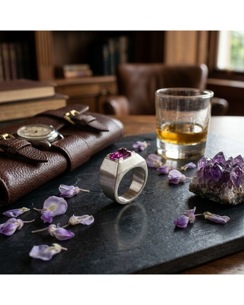 Bague HARAPAN en métal argenté avec gemme rose, posée sur pierre près d’un verre et une pochette en cuir violet, améthystes et p