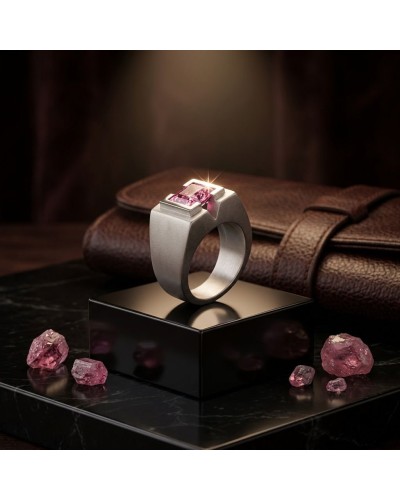 Bague MASA DEPAN en métal gris avec pierre rose rectangular, posée sur un socle noir, entourée de cristaux roses et d’un accesso