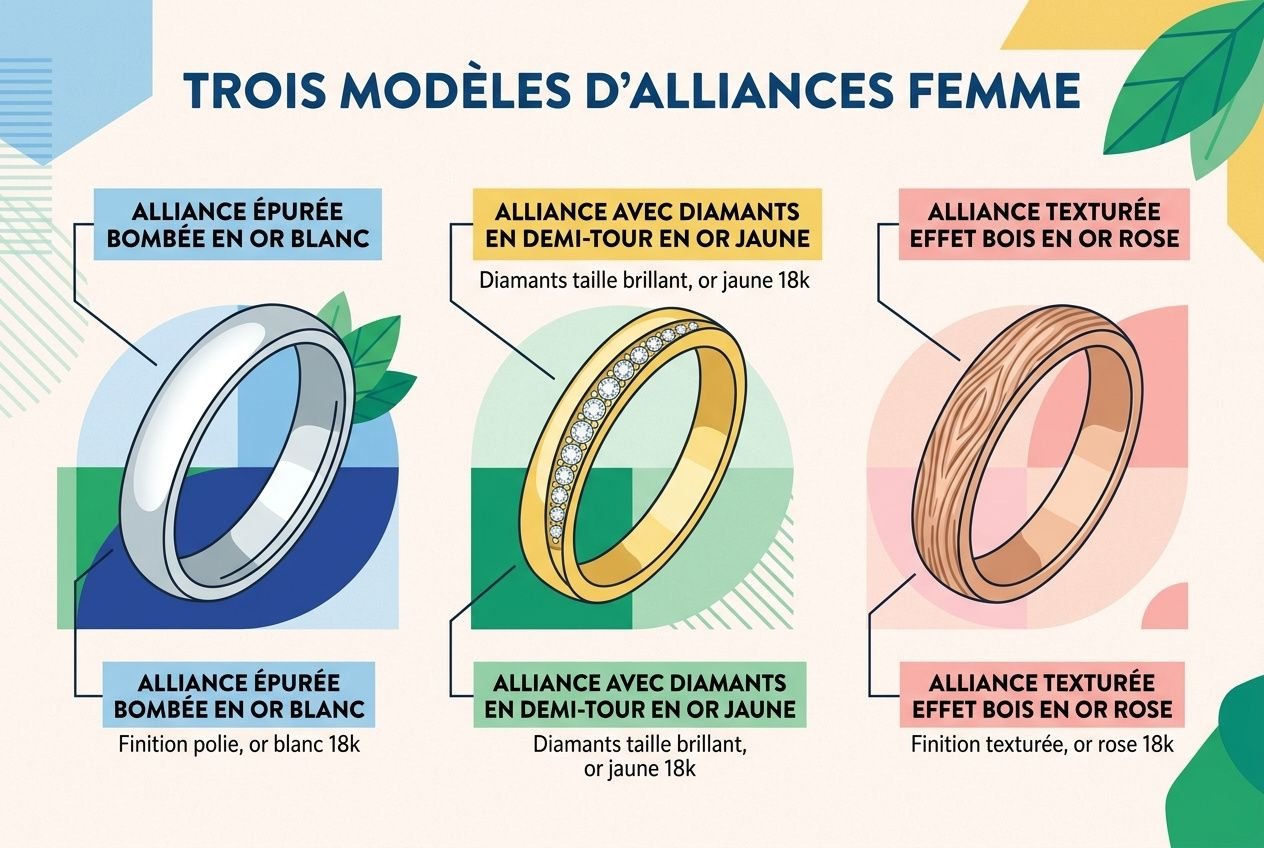 Alliance mariage personnalisée : affiche présentant trois modèles féminins d’alliances avec finitions bombée et texturée, diamants, or jaune et or rose.