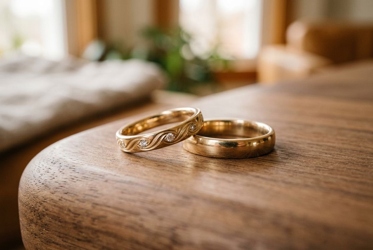 Alliances de mariage gravées personnalisées posées sur une table en bois, l’une avec motifs ondulés et pierres, l’autre simple en or.