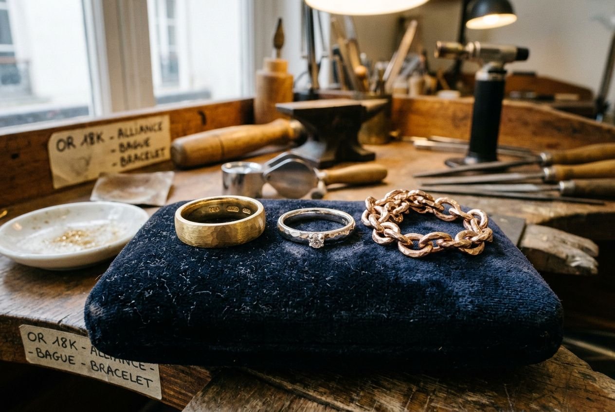 Anneau et bracelet en or 18 carats posés sur un coussin, atelier de bijoutier en arrière-plan, inscription “OR 18K - ALLIANCE - BANGLE” sur une étiquette. or 18 carats propriétés.