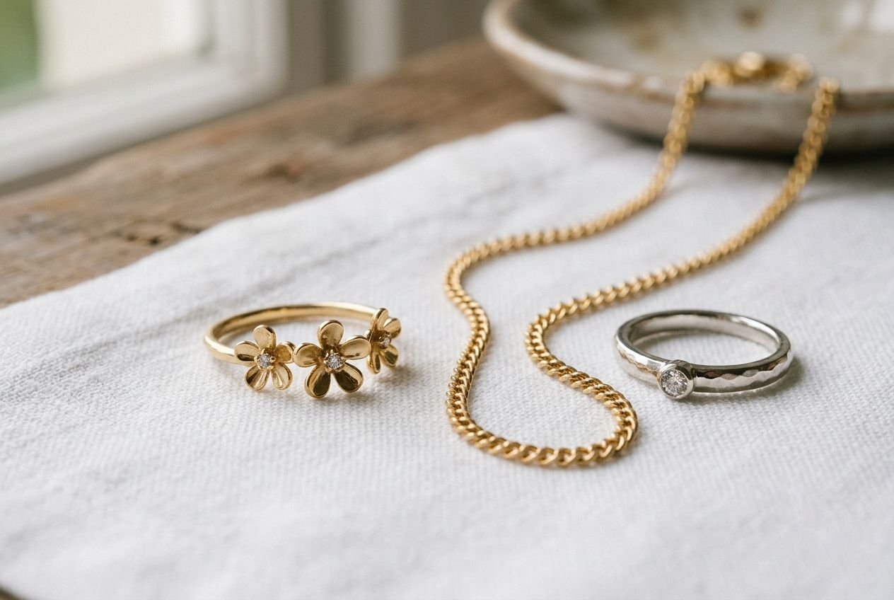 Anneau doré avec fleurs et chaîne bijoux en or 18 carats, près d'un anneau argenté, idéal pour une estimation bijoux or 18 carats.