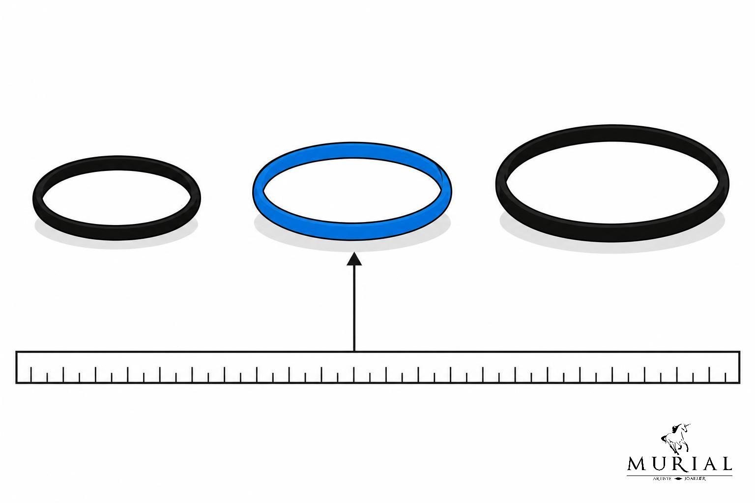 Anneau en silicone bleu posé au-dessus d'une règle pour montrer la taille.