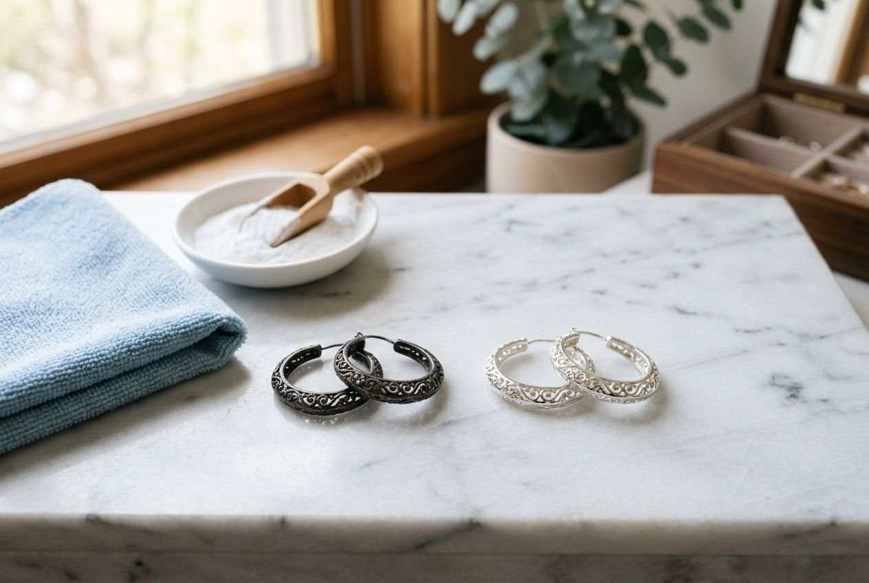 Anneaux en argent ornés sur une surface en marbre, prêt à être nettoyés avec un bol de bicarbonate et un chiffon bleu. Intègre naturellement le mot-clé: comment nettoyer bijoux argent noircis.
