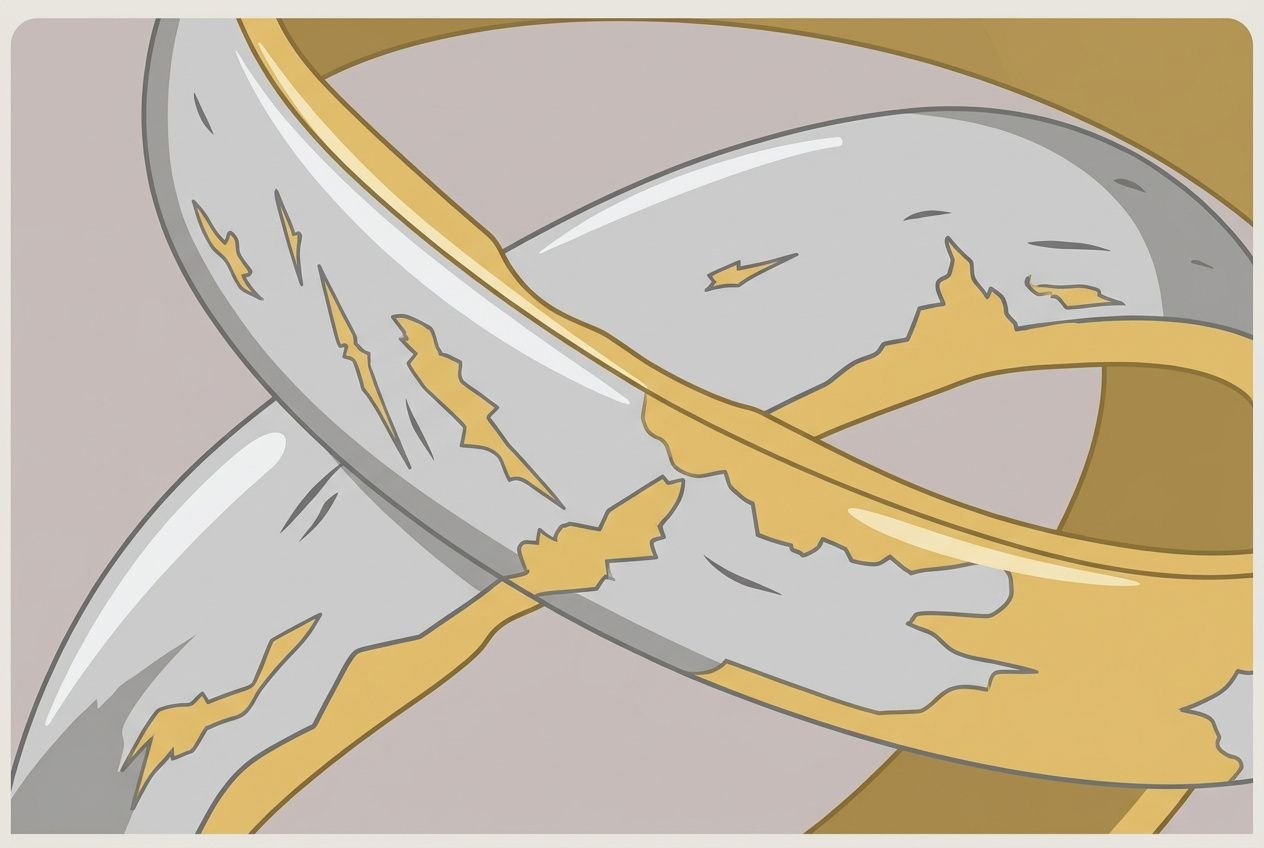 Anneaux gravement éraflés et endommagés, révélant le métal dessous après abrasion. qu'est-ce qui endommage le plaquage au rhodium, illustration montre des défauts visibles.