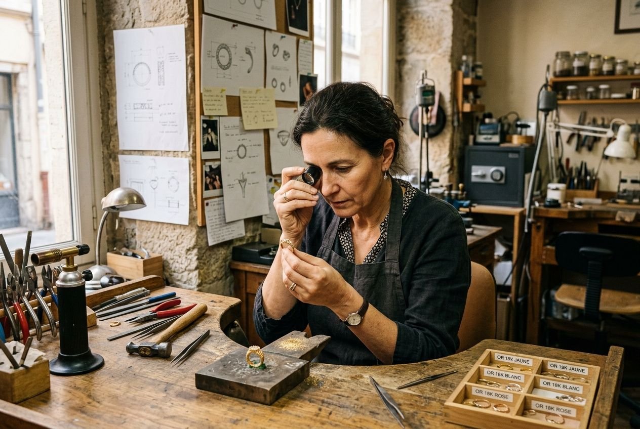 Artisan en atelier regardant une bague au loupe, outils et plaques d’or autour, comment faire fondre des bijoux en or, étape créative.
