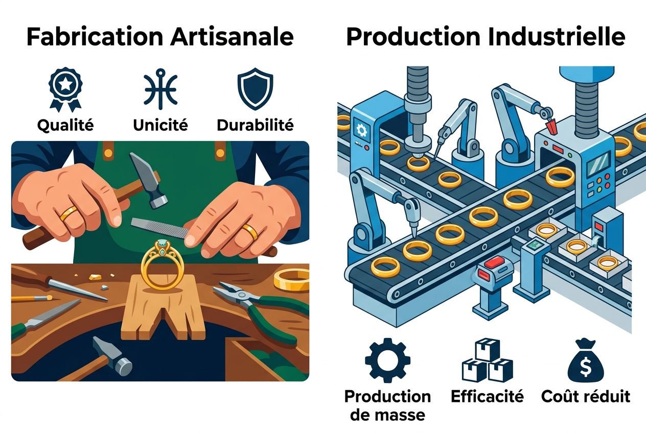 Artisan bijoutier créateur: travail manuel de joaillerie, outils et bague en cours de fabrication.