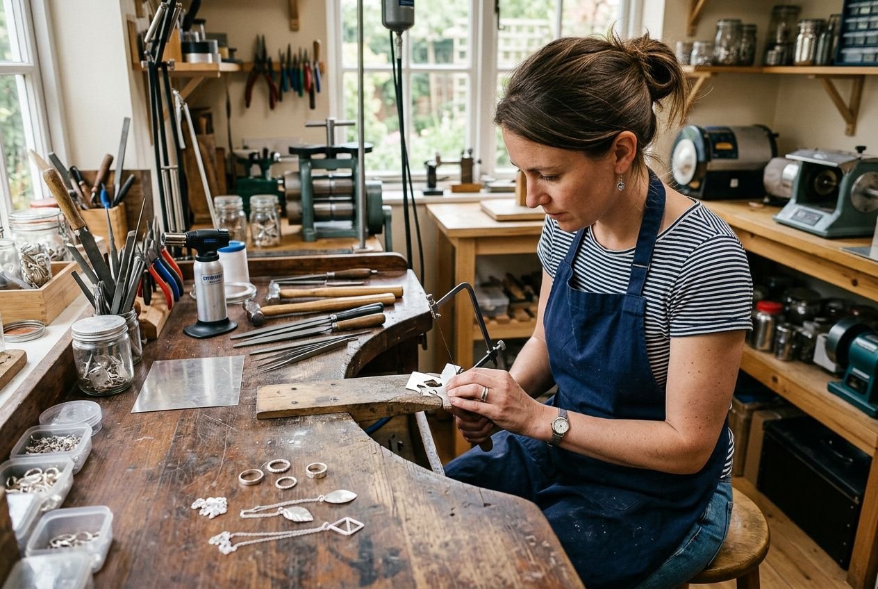 Artisan bijoutière en atelier, façonnant un bijou à la main avec outils et pièces autour, prêt à découvrir des cours de bijouterie.
