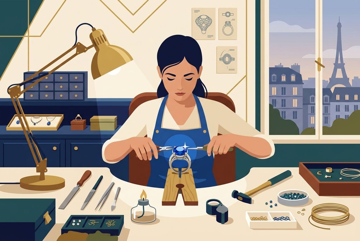 Artisan joaillier créant une bague avec outils et loupe sur un établi, dans un atelier élégant, regard tourné vers le travail. Les grands joailliers français.