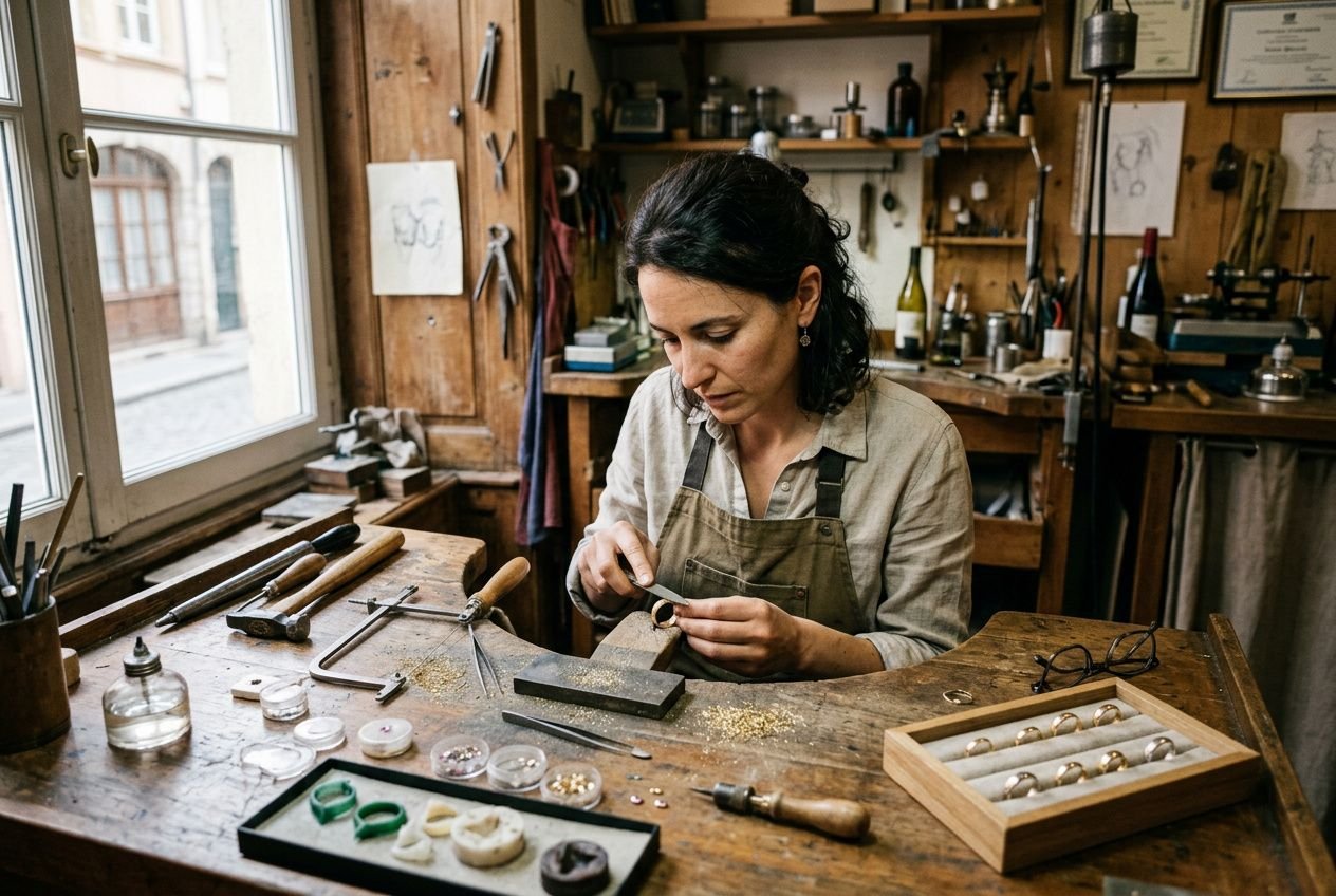 Artisan joaillier travaillant sur des anneaux et perles dans un atelier, entouré d’outils et de pièces en cours, reflétant l’alliance mariage artisanale lyon.