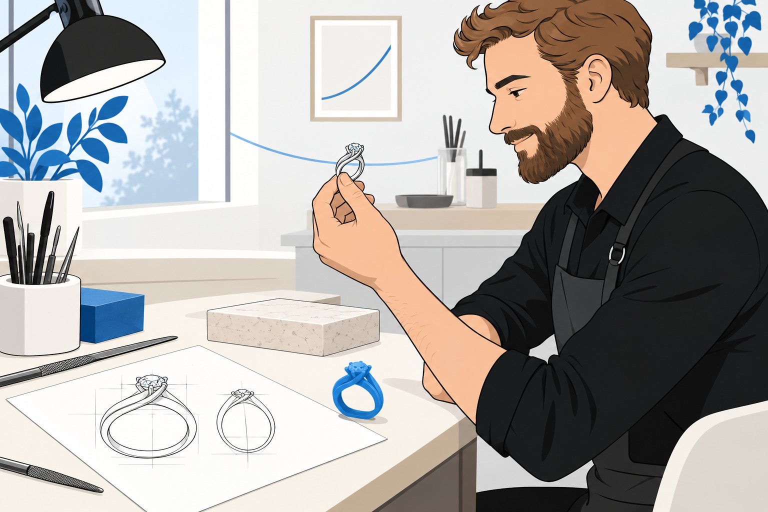 Un artisan montre une bague en cours de création à son poste de travail dans un atelier lumineux.