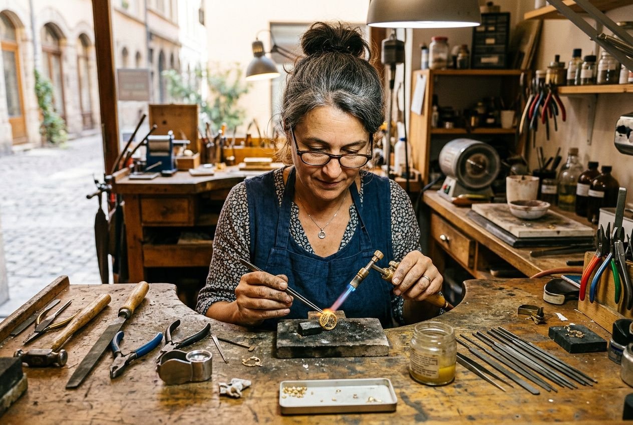 ArtisanBijoutier au travail, montrant des gestes précis de sertissage sur un bijou, outils et fioles autour. Comment vendre ses bijoux artisanaux intégrée naturellement.