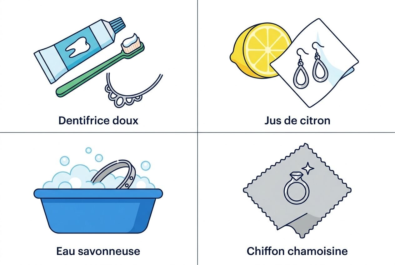 Astuces naturelles pour nettoyer des bijoux en argent sans les abîmer : dentifrice doux, jus de citron, eau savonneuse et chiffon en chamoisine.