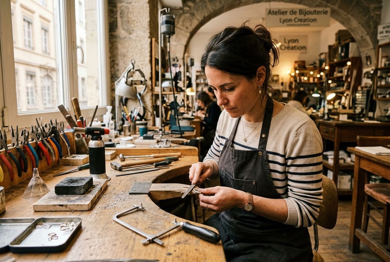 Atelier de bijouterie en action: une artisane en intérieur serre et travaille un bijou sur son poste, outils et établi remplis autour. formation en bijouterie pour adultes lyon.
