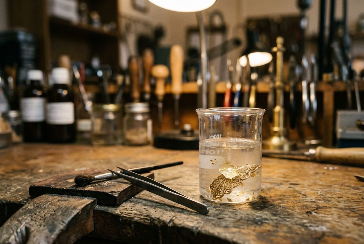 Atelier de bijoutier avec flacon d'eau et pièces plaquées or; outils et postes de travail autour, prêt-à-forger. Inclut le thème: comment faire fondre du plaqué or.
