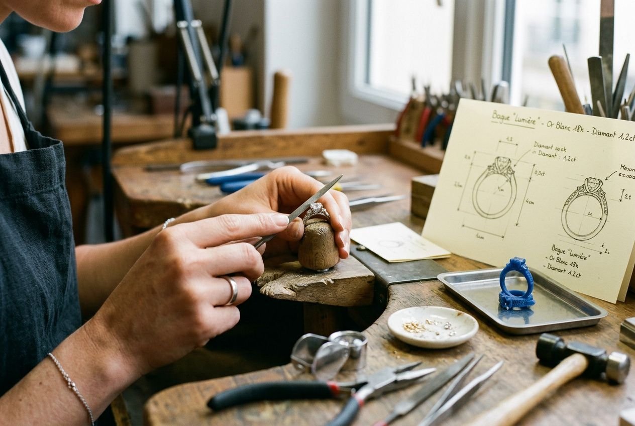 Atelier de joaillerie en action: création bague fiancaille sur mesure avec un artisan façonnant une pierre sur un siège en bois, plans et croquis de bague à proximité.