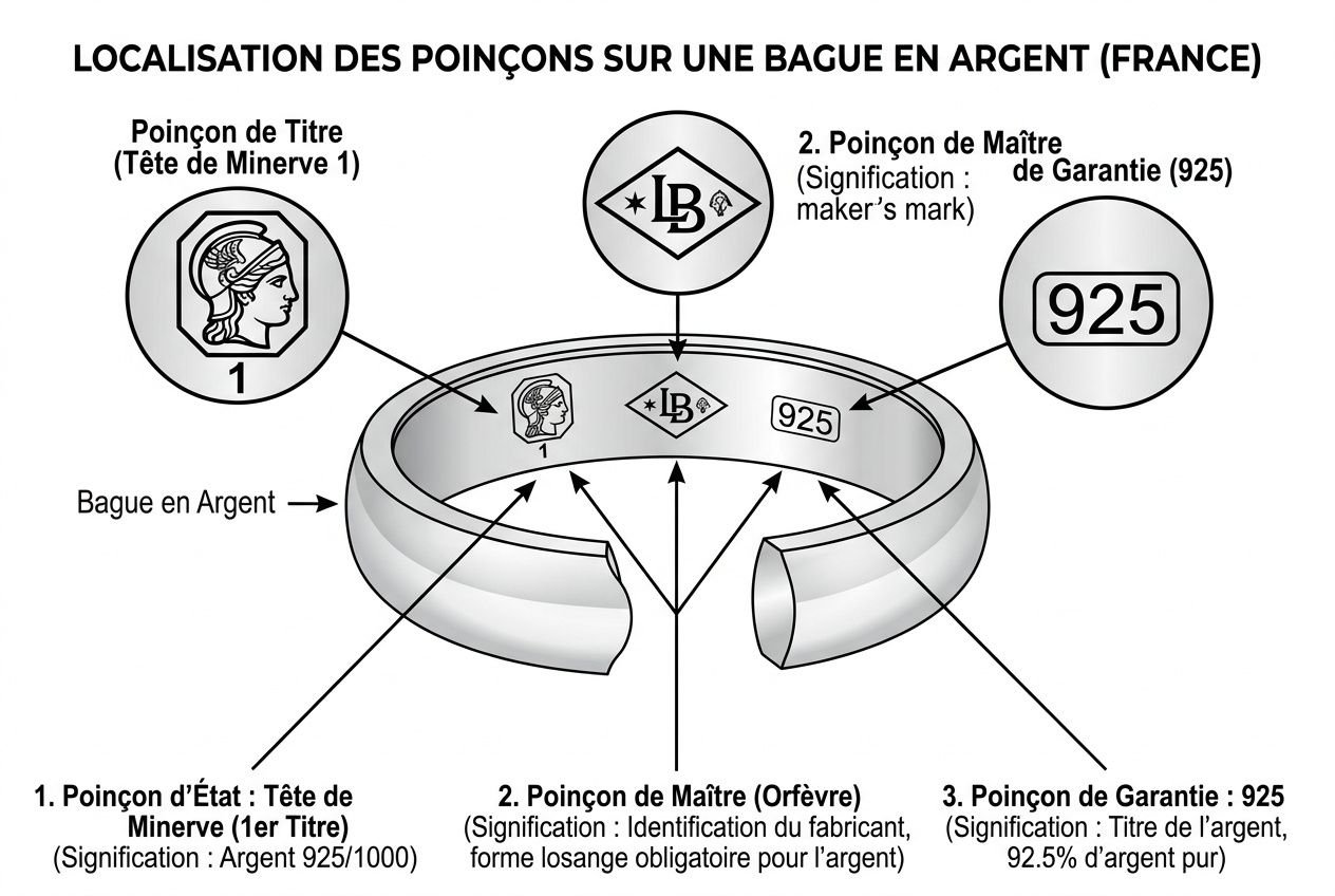 Bague en argent avec poinçons visibles sur l’intérieur: « argent rhodié poinçon » et poinçon de maître, d’État et de garantie 925.