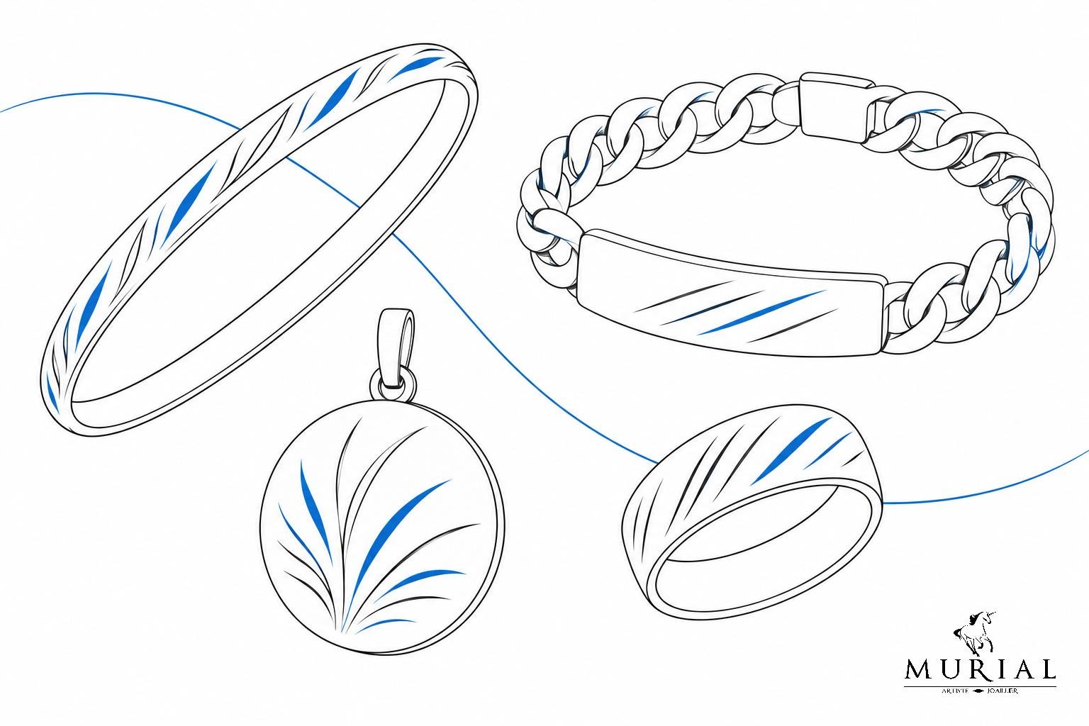 Bague, bracelet, collier et pendentif en ligne dessinés avec des détails bleus.