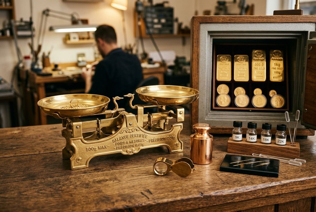 Balance ancienne et lingots d’or dans un atelier, échantillons et outils posés sur le bois, ambiance atelier joaillerie. où revendre de l'or au meilleur prix derrière le thème.