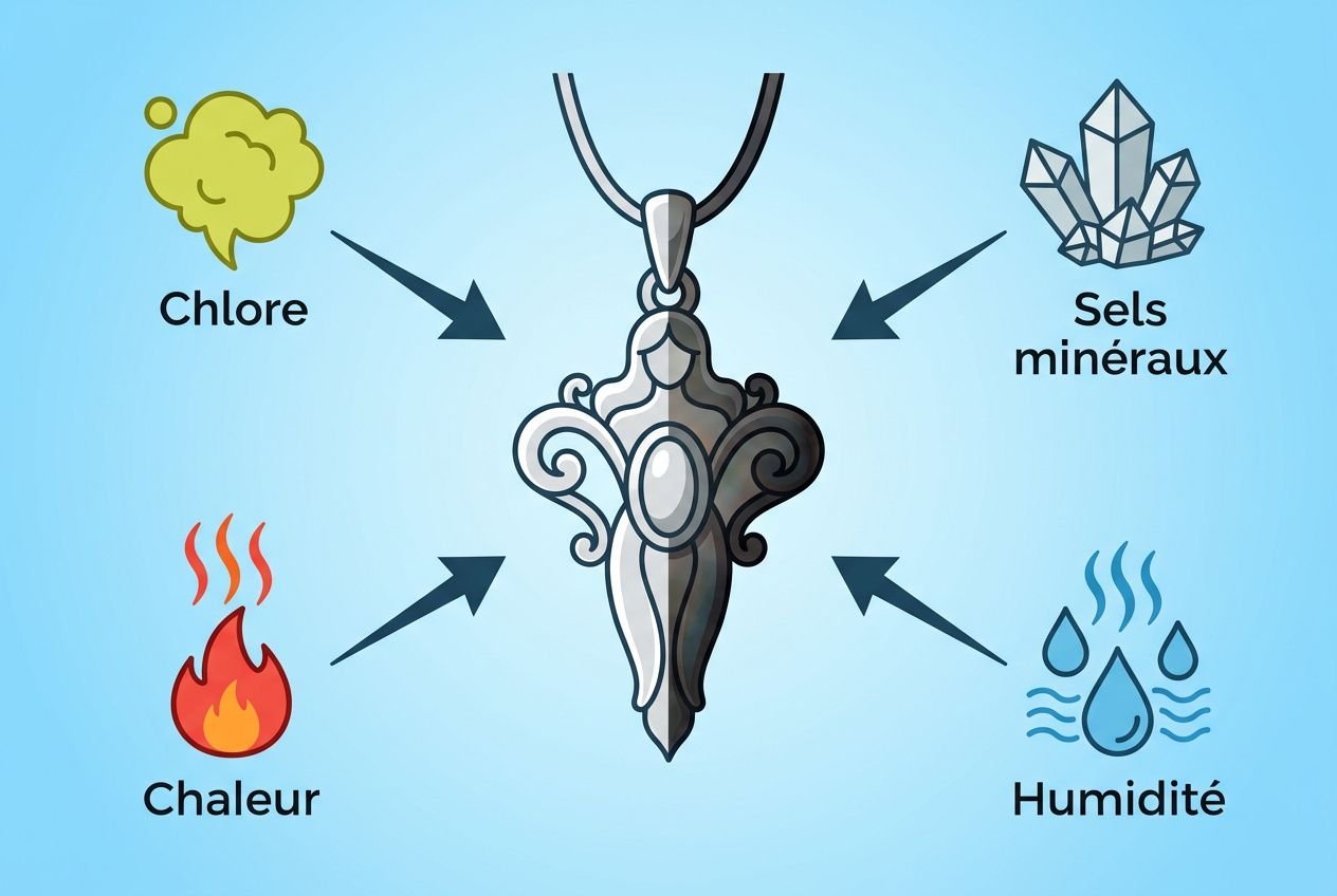Bijou argenté en pendentif entouré d’icônes: Chlore, Sels minéraux, Humidité, Chaleur, montrant les sources d’oxydation et pourquoi argent noircit.