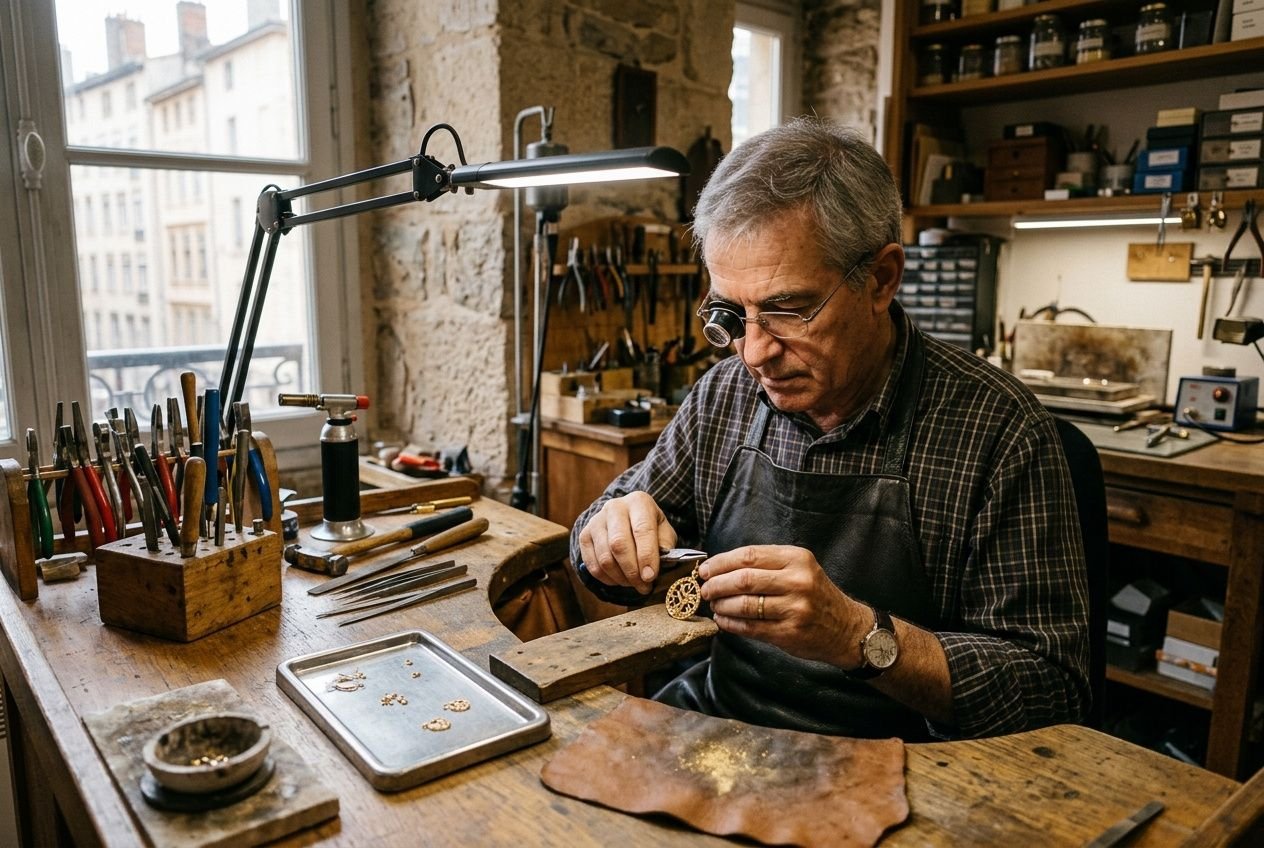 Un bijoutier artisan travaille à un établi, ajustant une pièce sur ses outils et ses loupe, entouré d’outils et de matériel. Différence entre bijoutier et joaillier.
