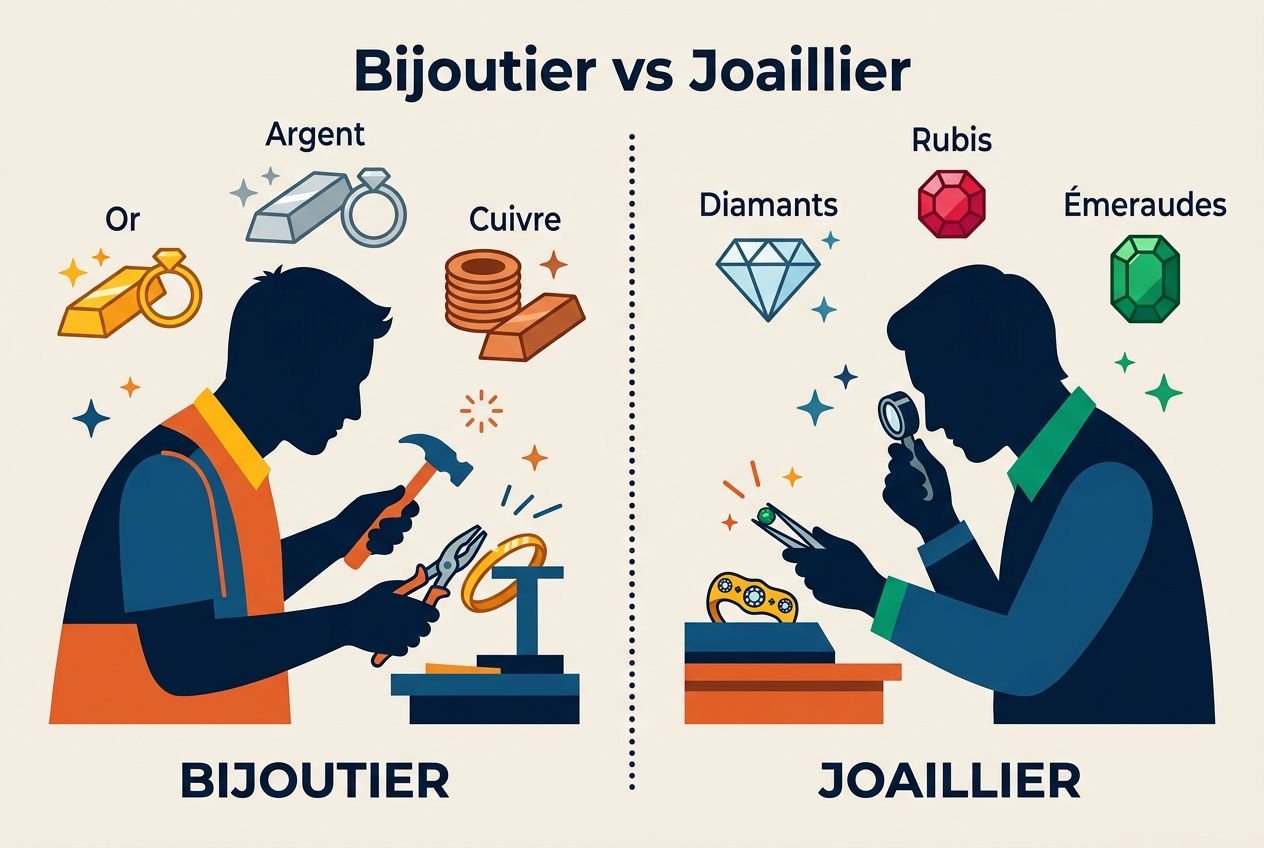 Bijoutier vs Joaillier: artisanat distinct avec outils, diamants et bijoux; montre le travail de précision pour la bijouterie et le façonnage de pierres précieuses pour la joaillerie. diff? différence entre bijoutier et joaillier.