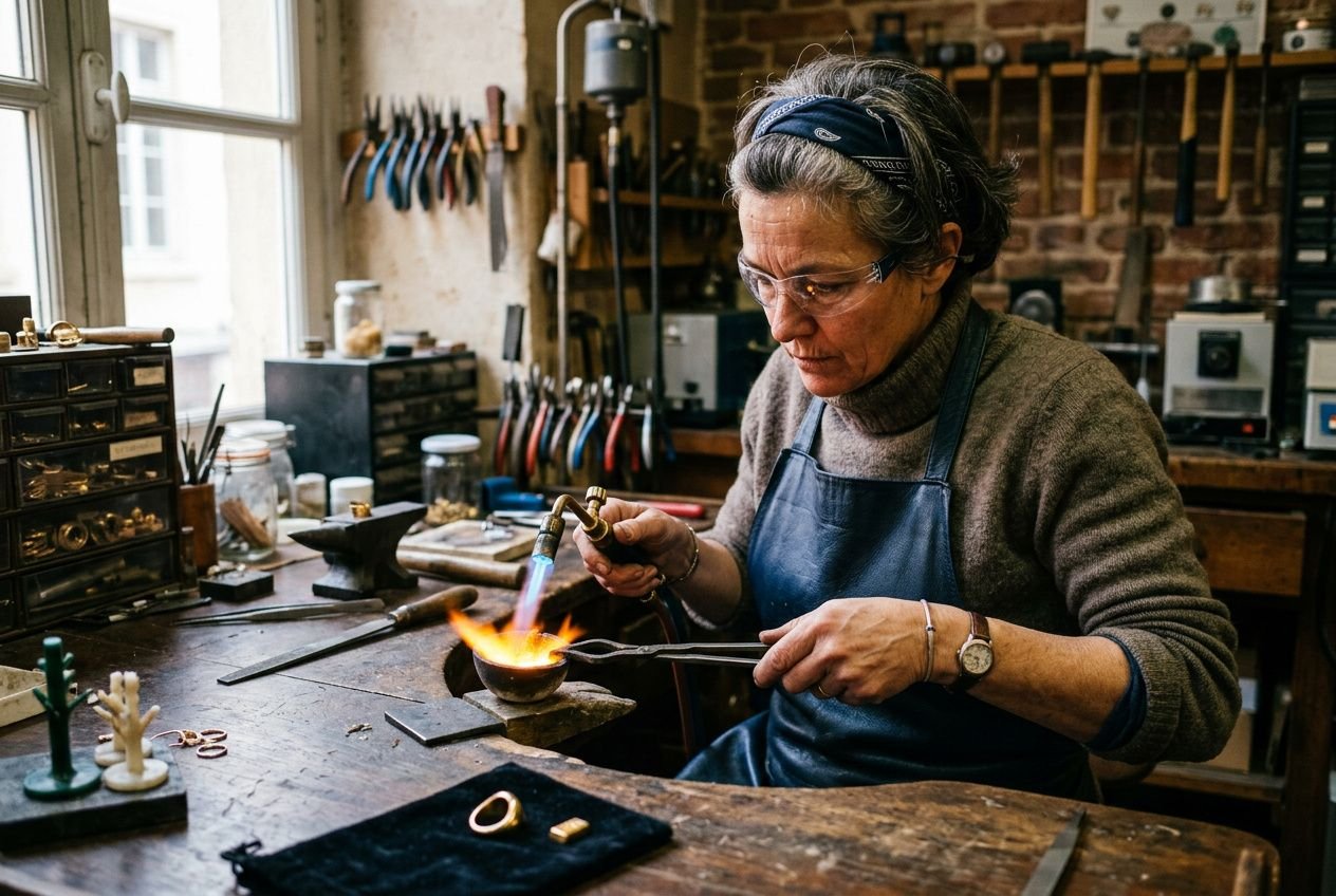 Bijoutière artisanale au travail : soufflage et fusion de métal en atelier, outils et bijoux finis visibles, ambiance créative. Or 18 carats propriétés intégrée naturellement.