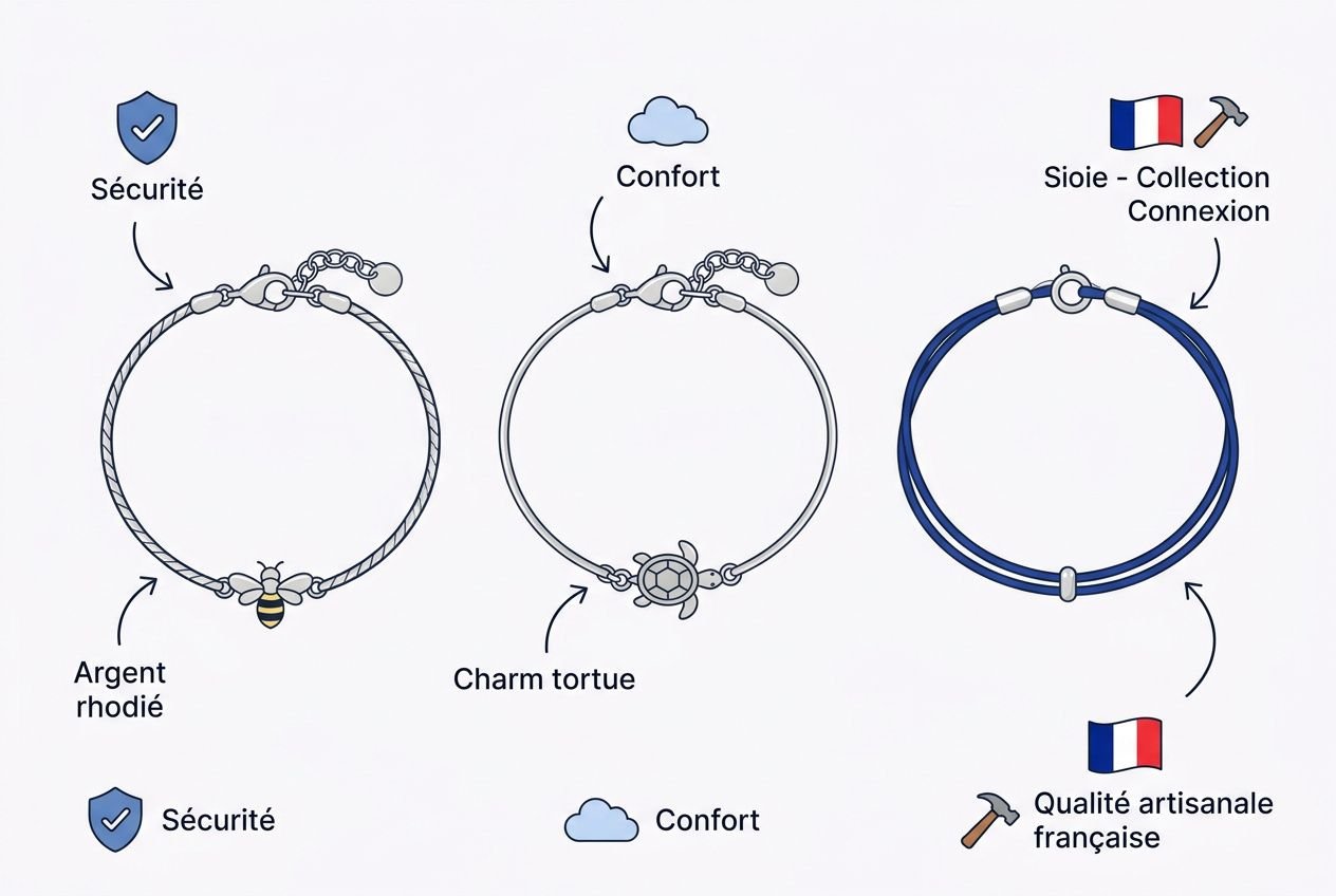 Bracelet bijoux enfant création: trois modèles simples, avec charme tortue, argent rhodié et cordon bleu, témoignant sécurité et confort.