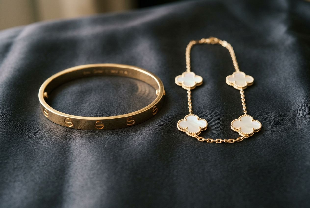 Bracelet et collier en or associés, des pièces élégantes des grands joailliers français.