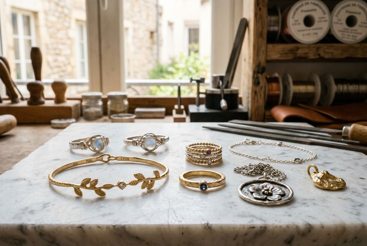 Bracelets et bagues en métal précieux disposés sur un marbre, arrière-plan atelier de joaillerie avec outils et bobines. intégration du mot-clé: comment vendre ses bijoux artisanaux.