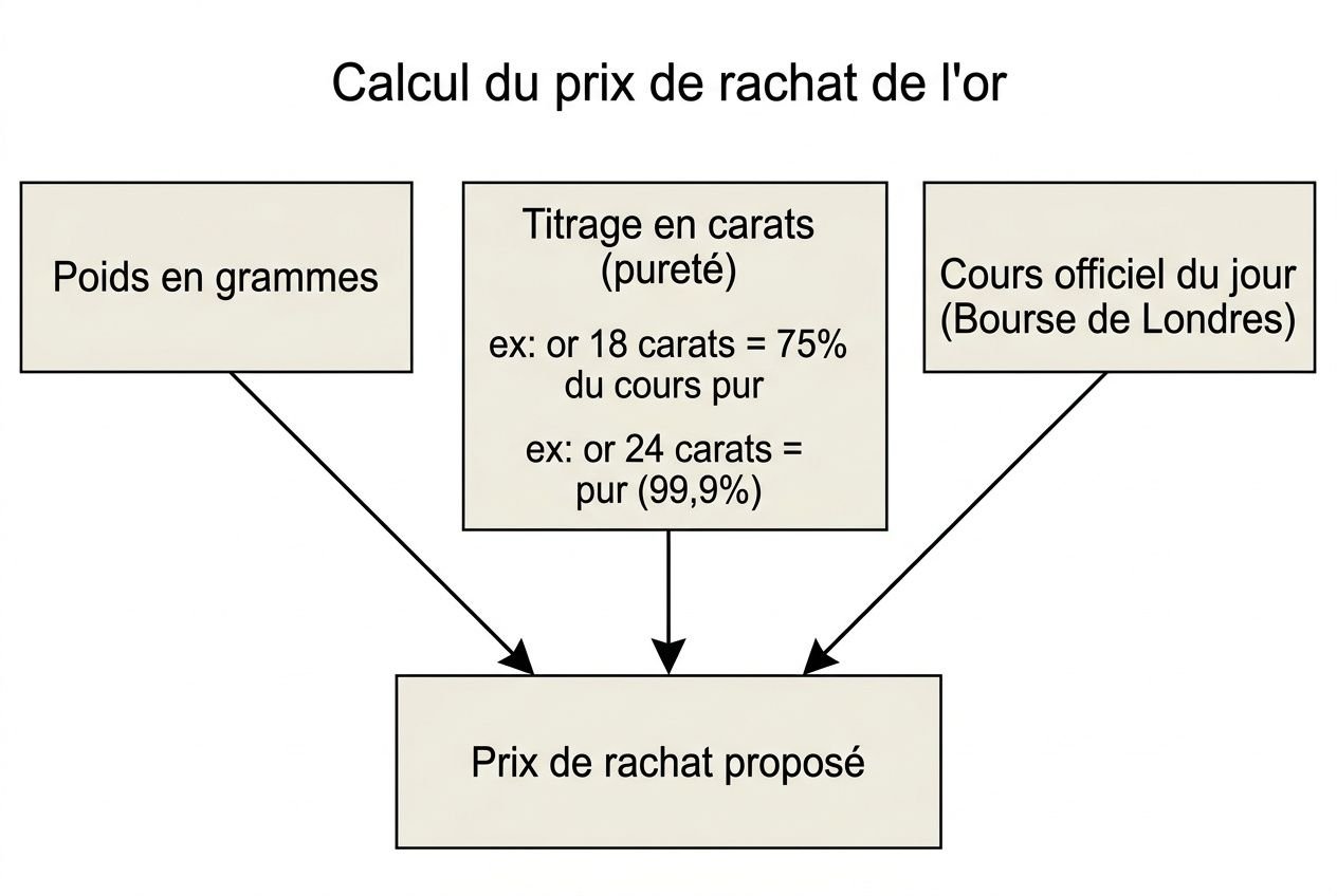 Calcul du prix de rachat de l'or: schéma montrant poids, pureté et cours pour fixer le prix proposé de rachat. Texte sur les facteurs: poids en grammes, titrage en carats et cours officiel du jour. Inclut le concept « rachat or lyon au meilleur ».
