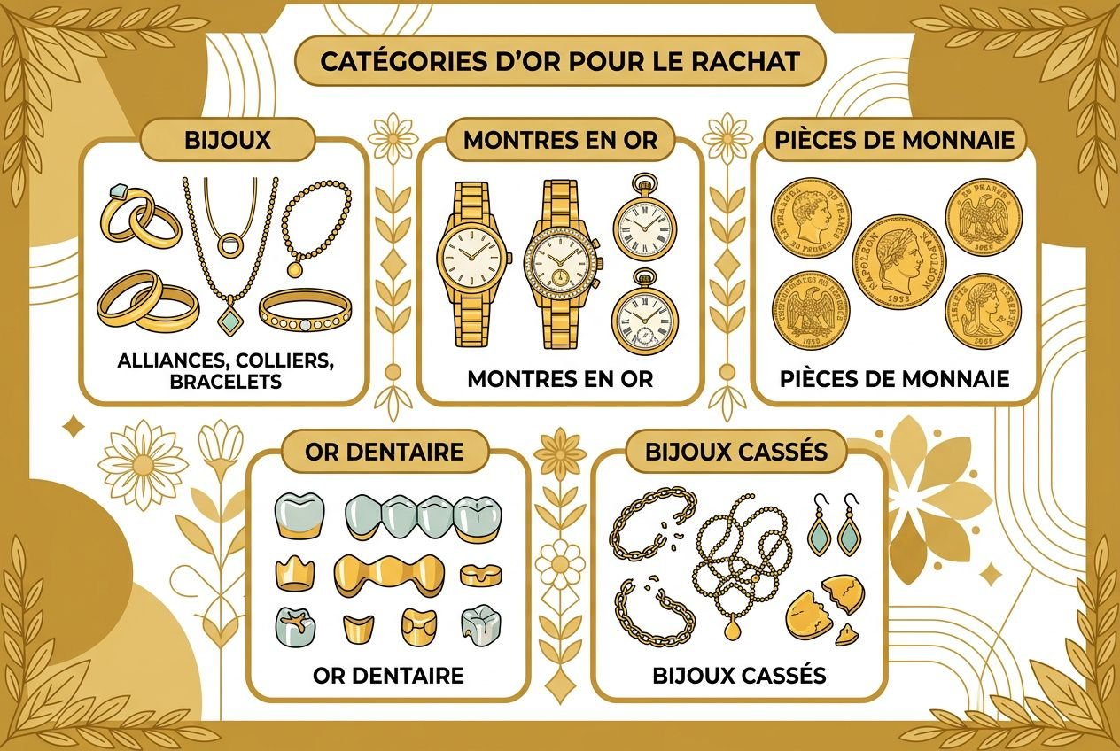 Catégories d’or pour le rachat: bijoux, montres en or, pièces de monnaie, or dentaire et bijoux cassés.
