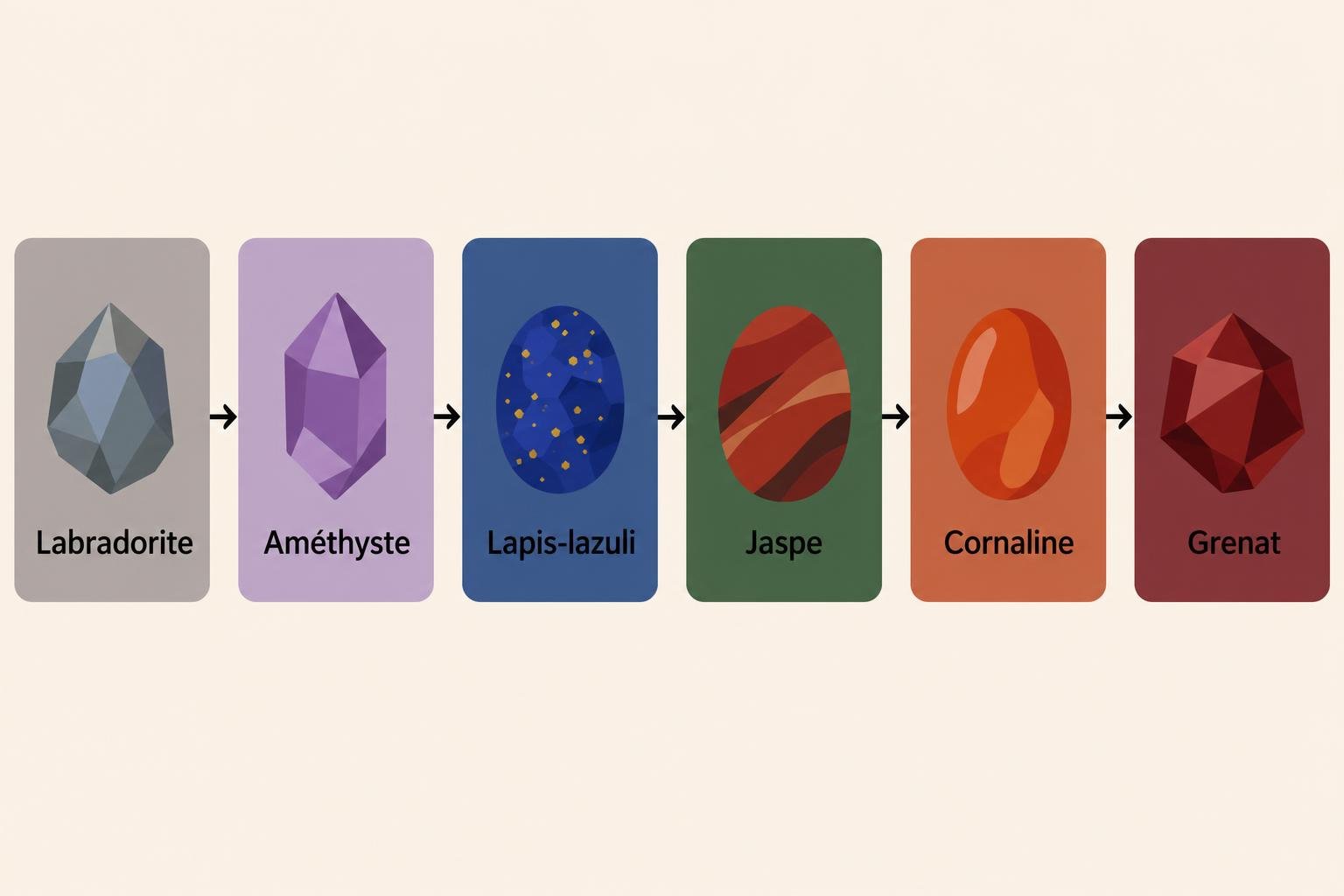 Chaîne de progression de pierres: Labradorite → Améthyste → Lapis-lazuli → Jaspe → Cornaline → Grenat, chacun sous une étiquette colorée.