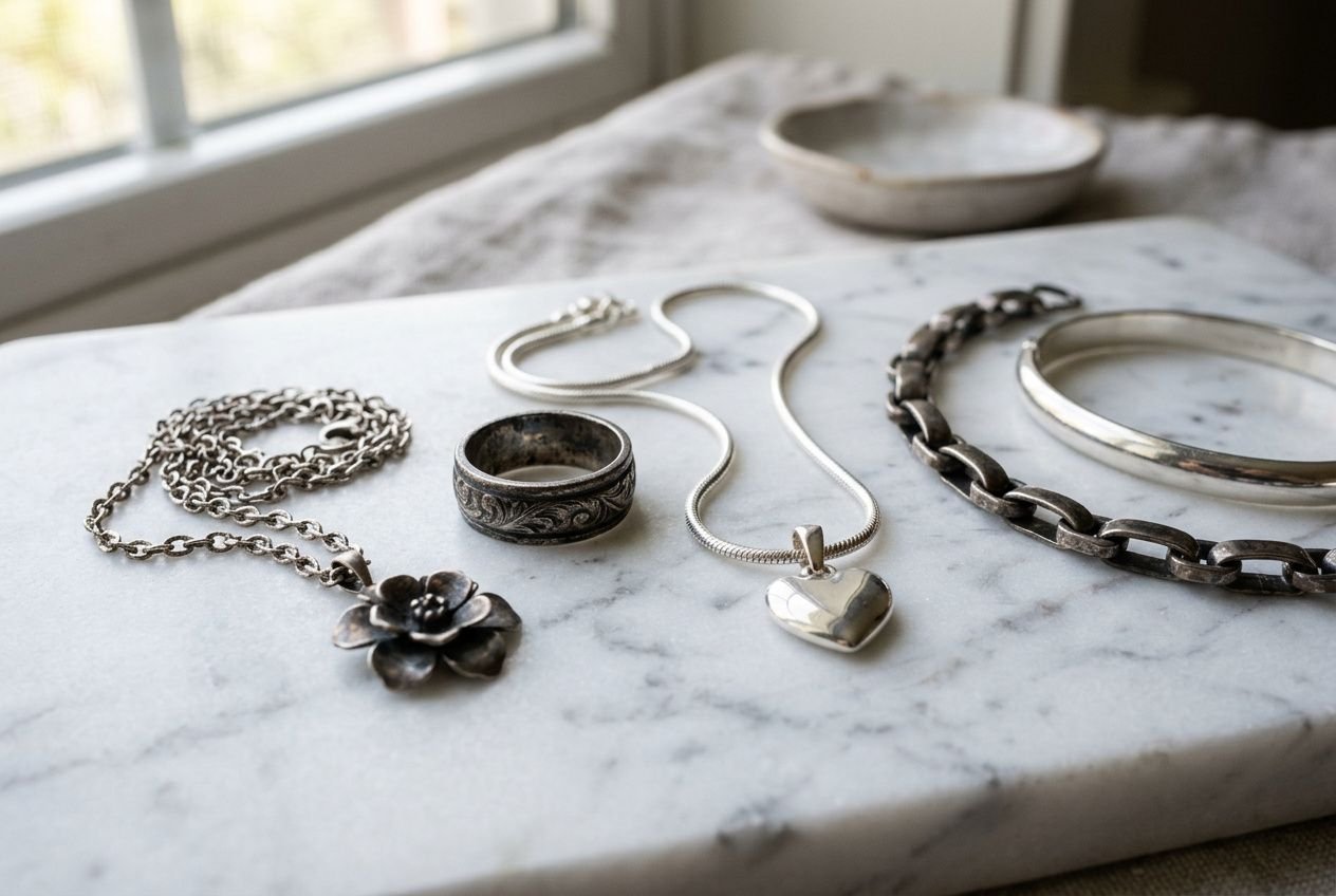 Collection de bijoux en argent sur un plateau, prêtes à être nettoyées sans les abîmer.