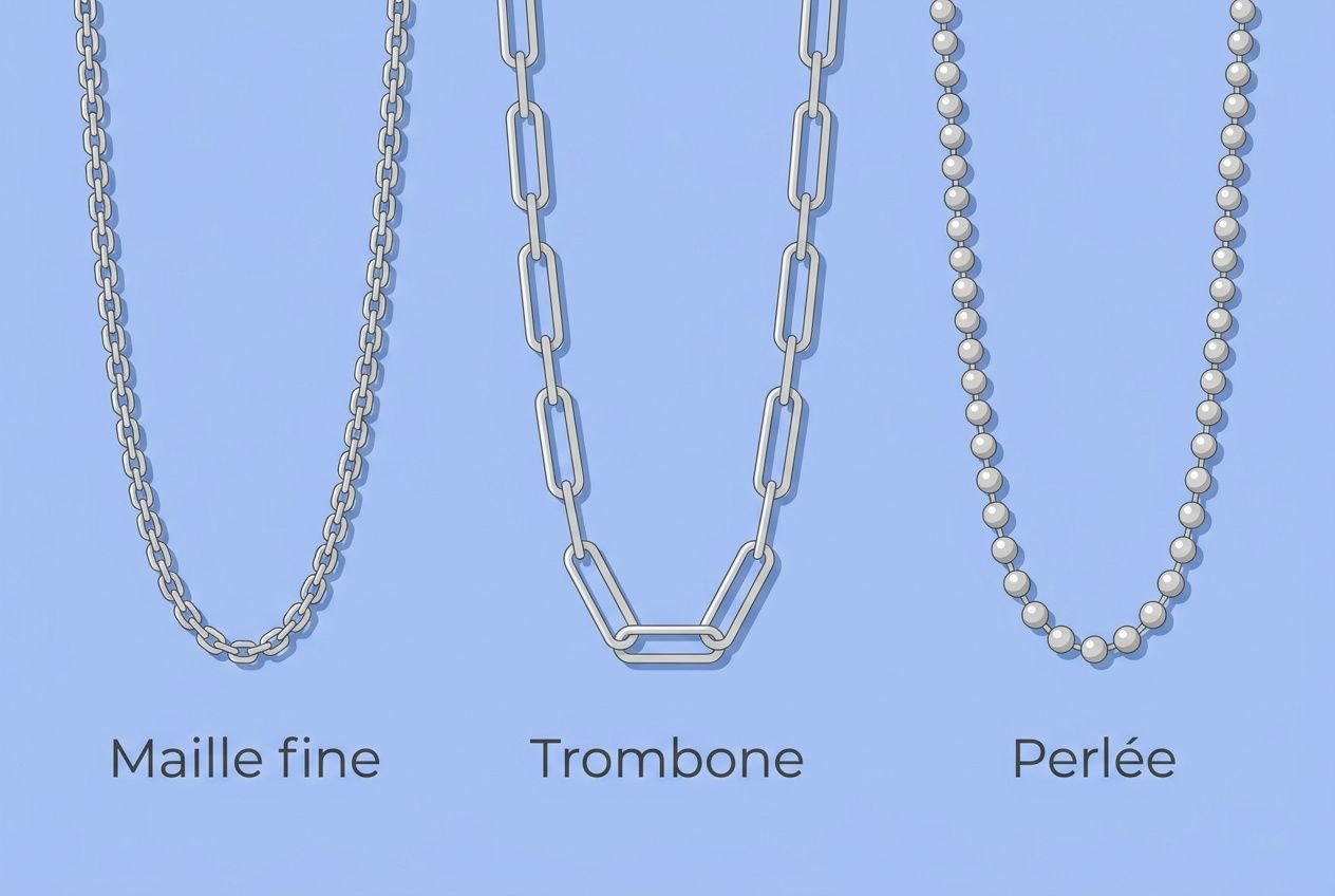 Collier argent personnalisé présenté en trois styles : maille fine, trombone et perlé, sur fond bleu.