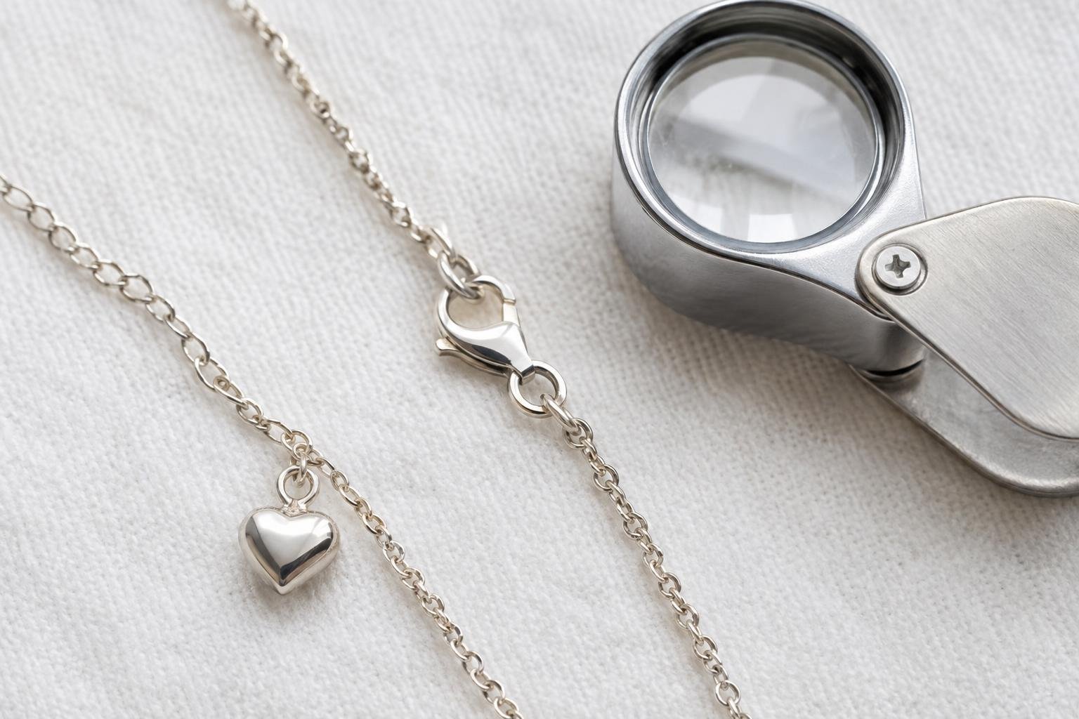 Collier argenté avec petit cœur et anneau mousqueton, sur tissu clair. bijoux enfant 2 ans, délicat et hypoallergénique.