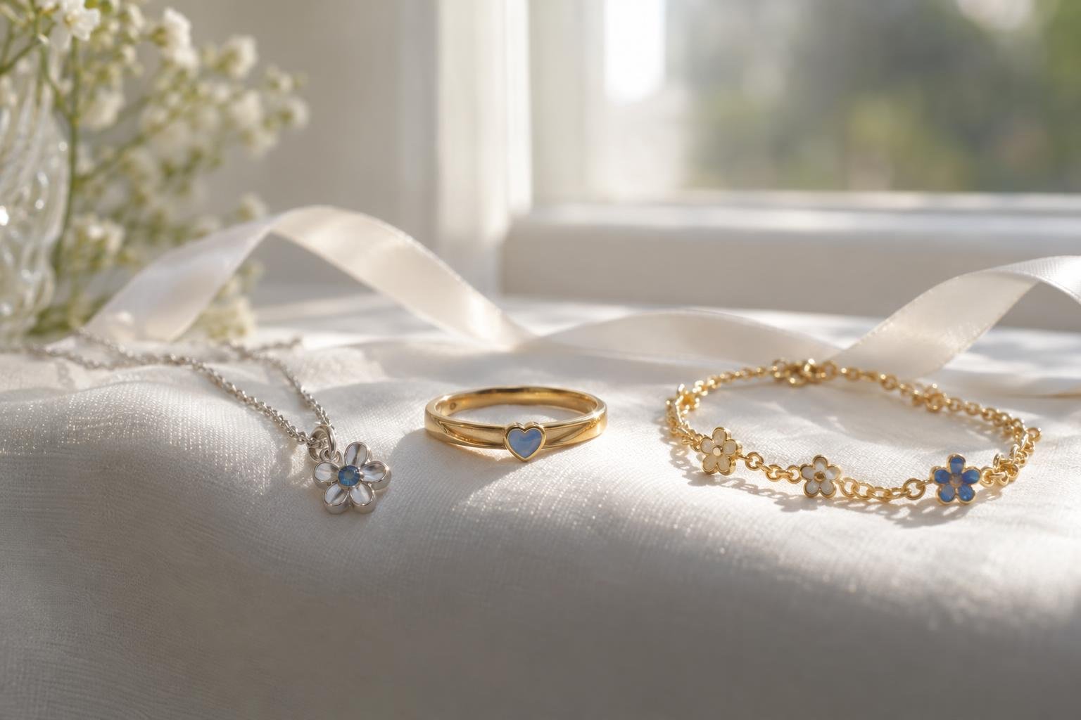 Collier et bague dorés avec pendentifs et petites fleurs sur un drap blanc près d’une fenêtre.