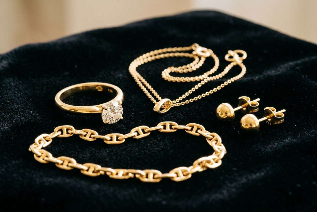 Collier et bracelet en or 18 carats avec bague et boucles d’oreilles sur tissu noir, prêts pour estimation et rachat. Hat bijoux or 18 carats.