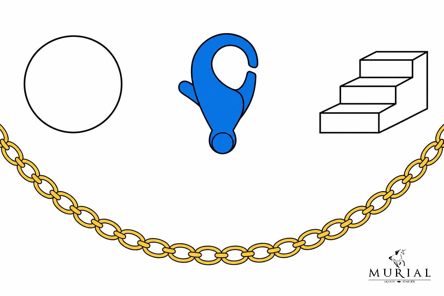 Collier en or avec maillon en détail et petits éléments circulaires sur fond blanc.