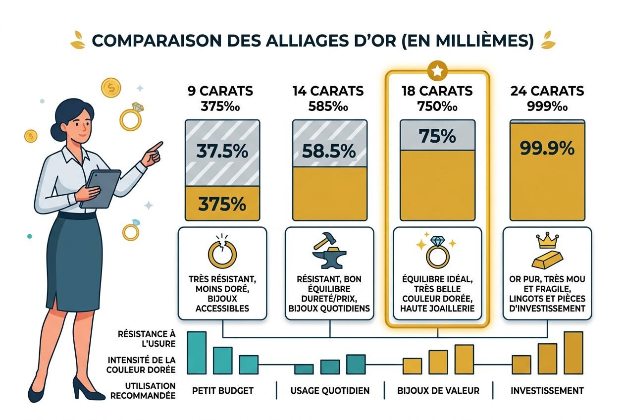 Comparaison des alliages d’or: 18 carats 750‰, meilleur équilibre doré et bijoux de valeur, avec propriétés or 18 carats propriétés et différence avec 9, 14 et 24 carats.