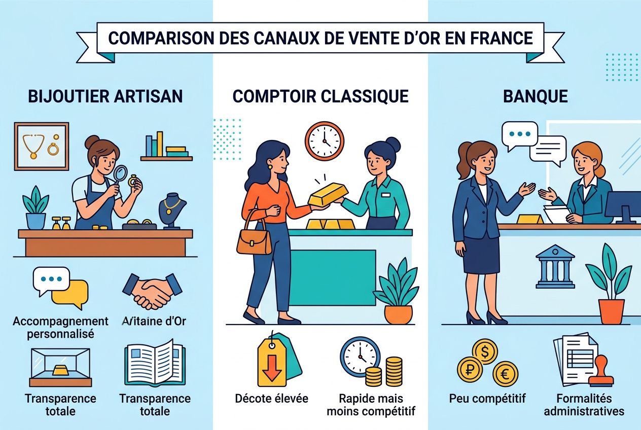Comparaison des canaux de vente d’or en France: rachat or lyon au meilleur? Illustration en trois volets: artisan bijoutier, comptoir classique et banque, montrant traçabilité, échanges et conseils clients.